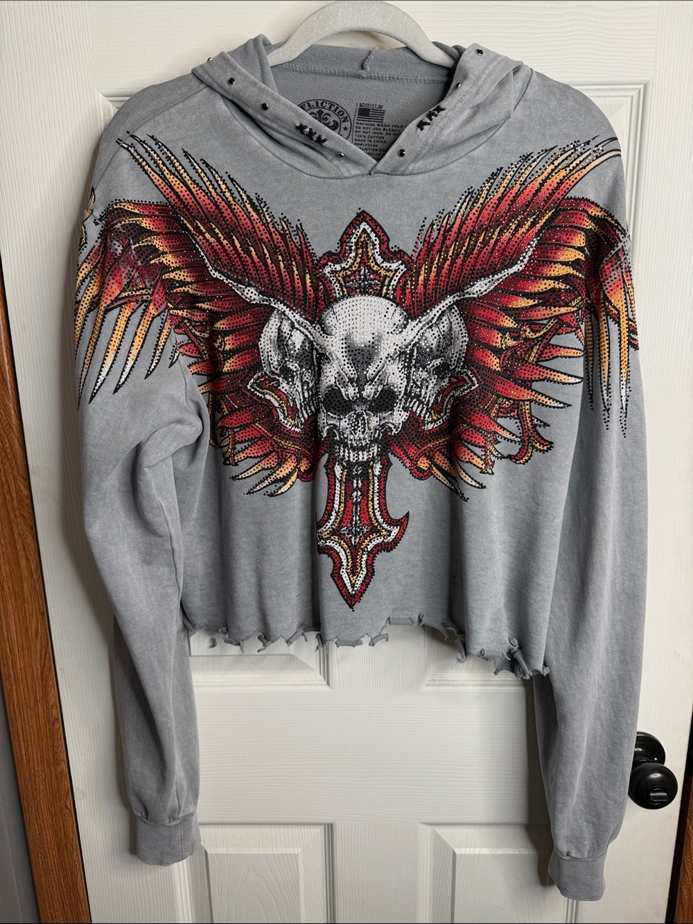Addiction Gray Cropped Hoodie with Red-Orange Winged Skull Graphic BACK TO SCHOO
